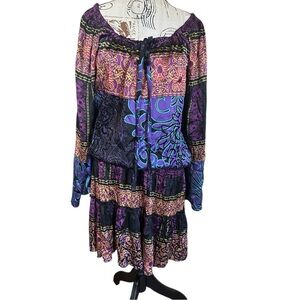 Hale Bob Silk Blend Dress Patchwork Purple Peasant Festival Size M Mini Vibrant